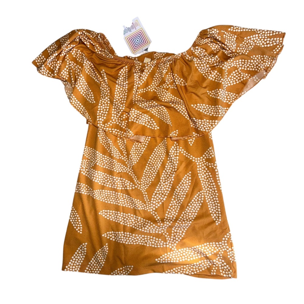 LuLaRoe XXS Off The Shoulder‎ Ruffle Top Mustard Yellow Leaf Print - Picture 3 of 4